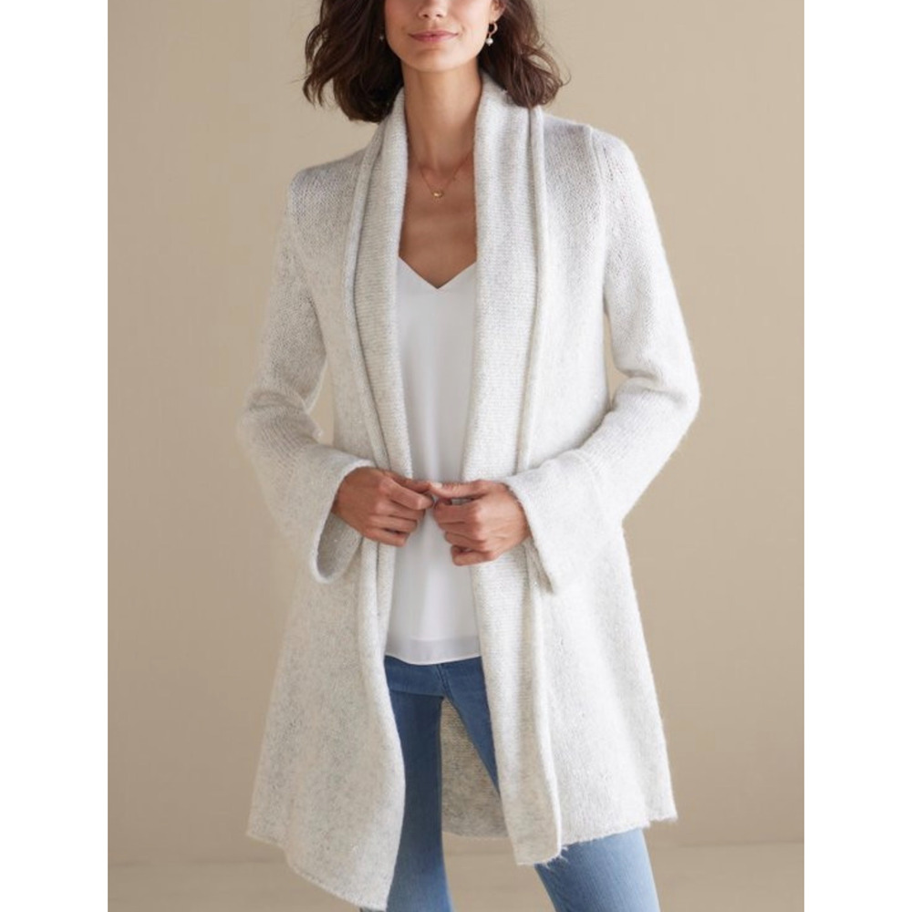 Soft Surroundings Neva Sequin Cardigan M Long Duster Relaxed Fit Ivory Sparkle